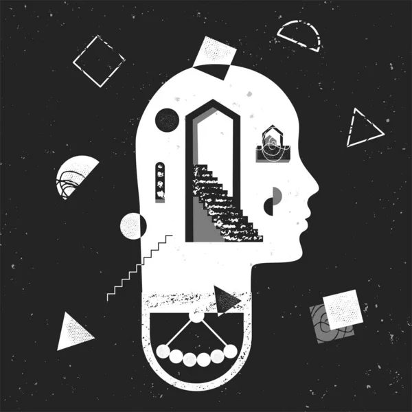 Mental health or psychology concept with abstract human head, various geometric shapes and trending texture. Hand Drawn Vector illustration.