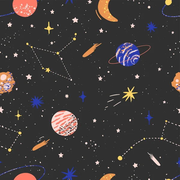 Seamless pattern with hand drawn space elements space, planets, stars, meteorites, moon. Trendy space vector background. Design for textiles, wallpapers, wrapping paper, banners and other. — стоковый вектор