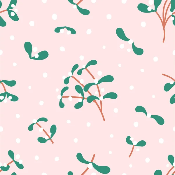Christmas seamless pattern with white mistletoe and dots on pink. Background for gift wrapping or fabric design. Elements for advent calendar. Hand drawn vector illustration.