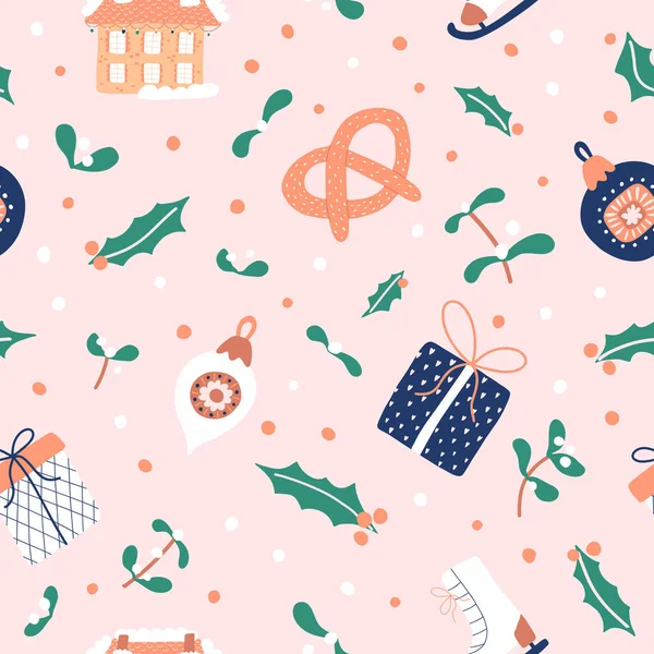 New Year seamless pattern with christmas elements and white mistletoe. Background for gift wrapping or fabric design. Elements for advent calendar. Hand drawn vector illustration.