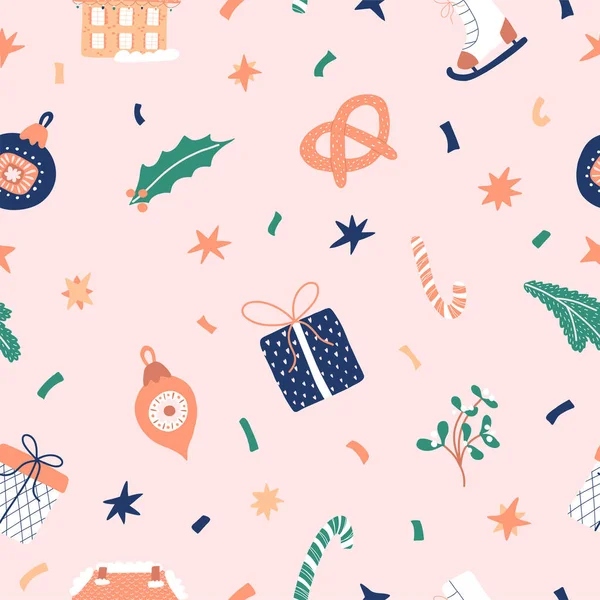 Christmas seamless pattern with house, mistletoe, pretzel, skates, Christmas toys, giftbox, lollipop cane and confetti. Background for gift wrapping or fabric design. Elements for advent calendar.