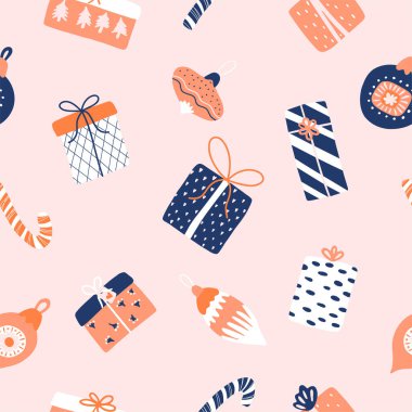 New Year seamless pattern with gift boxes and Christmas tree toys. Background for gift wrapping or fabric design. Elements for advent calendar. Hand drawn vector illustration.