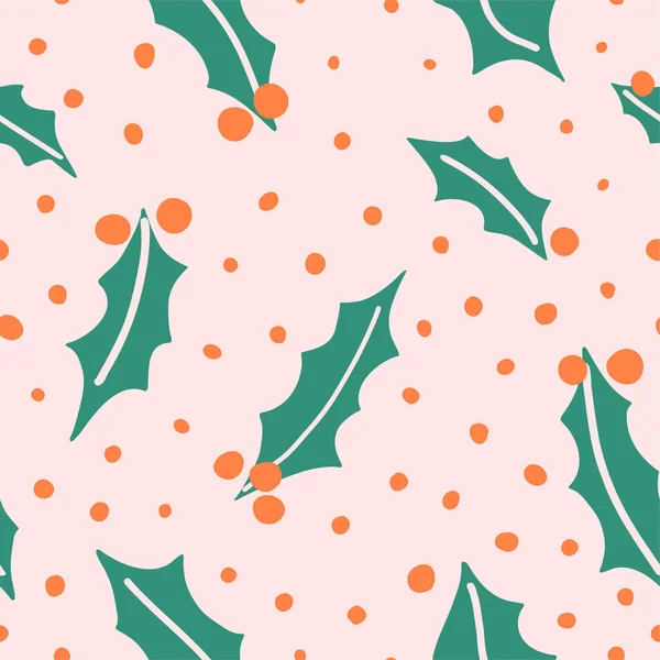 Christmas seamless pattern with holly leaves and red berries. Background for gift wrapping or fabric design. Elements for advent calendar. Hand drawn vector illustration.