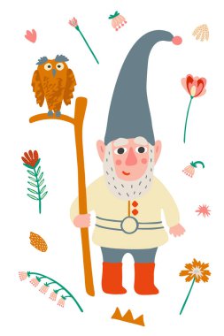 Sakallı ve şapkalı cüce karakter. Şapkası, bastonu, baykuşu ve bitkileri olan şirin elf tatil cücesi. Düz çizgi film vektör çizimi. Kartpostal için çocuk resimleri, tişört için parmak izi, çanta için..