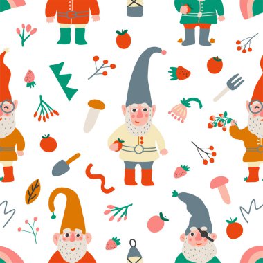 Bahçe cücesi ve tarla çiçeğiyle kusursuz desen.