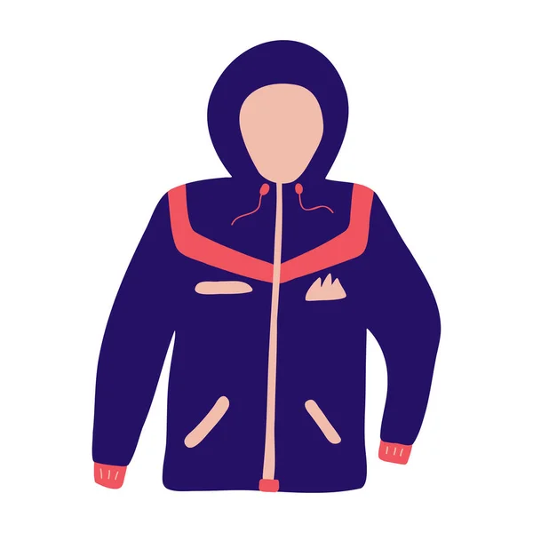 Niedliche Kapuzenjacke Wandern und Trekking. Sportbekleidung für Outdoor-Aktivitäten. Vektor-handgezeichnete Illustration warmer Kleidung isoliert auf weißem Hintergrund. — Stockvektor