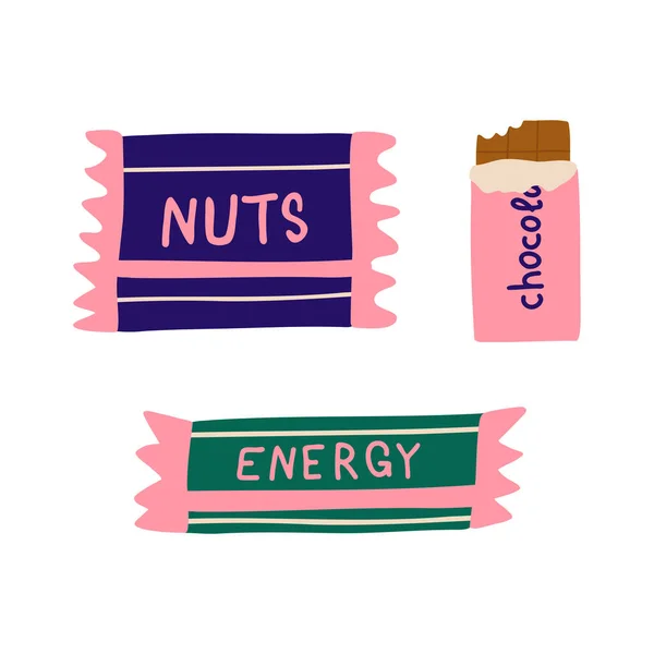 Icone dello snack energetico. Dolci biologici snack bar - cioccolato, noci, barretta energetica. Barra proteica in stile cartone animato. Set vettoriale con dolci. Vettoriale Stock