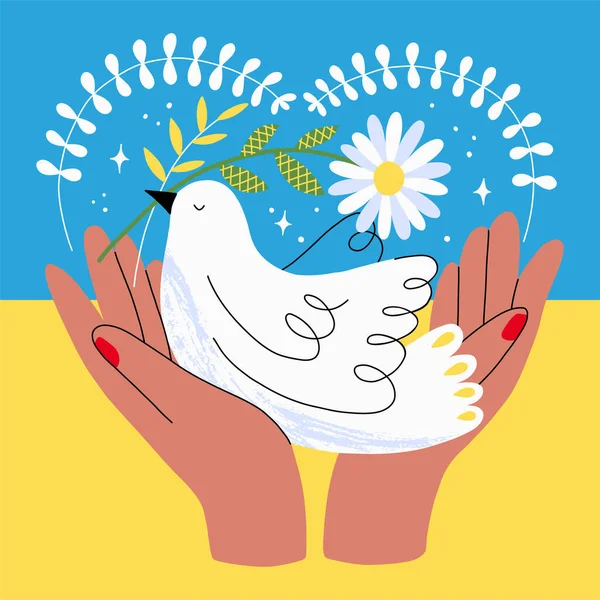Concetto pregare per la pace in Ucraina. Bandiera con una colomba nelle mani di un simbolo di non guerra, pace nel mondo e giorno della pace. Illustrazione del vettore disegnato a mano. Illustrazioni Stock Royalty Free