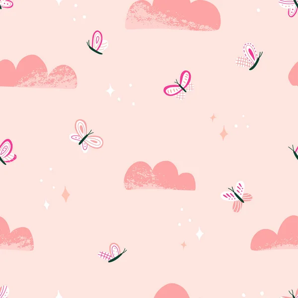 Modello senza soluzione di continuità di farfalla carino, nuvole e stelle su sfondo rosa. Texture scandinava creativa per tessuto, avvolgimento, tessile, carta da parati, abbigliamento. Illustrazione del vettore disegnato a mano. Illustrazioni Stock Royalty Free