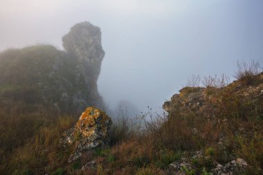 fog in the canyon. Autumn morning in the Dniester river valley. Nature of Ukraine