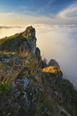 fog in the canyon. Autumn morning in the Dniester river valley. Nature of Ukraine