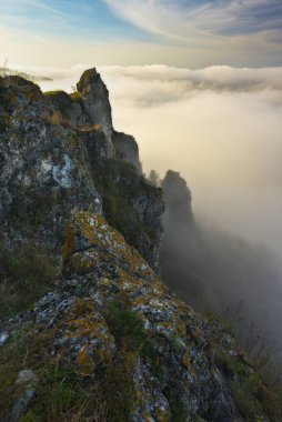 fog in the canyon. Autumn morning in the Dniester river valley. Nature of Ukraine