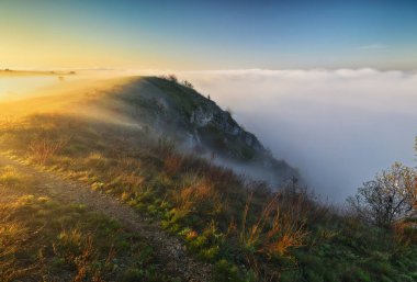 fog in the canyon. Autumn morning in the Dniester river valley. Nature of Ukraine