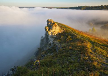 fog in the canyon. Autumn morning in the Dniester river valley. Nature of Ukraine