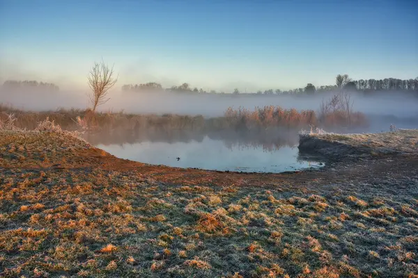 Autumn nature. Landscape of sunrise over river in autumn morning. Nature of Ukraine