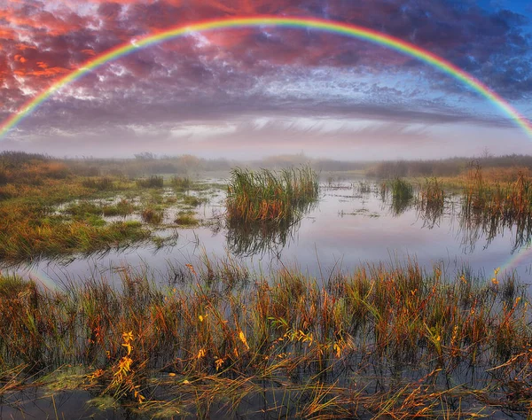 美丽的彩虹掠过乡间的小河 秋天的早晨乌克兰的性质 — 图库照片