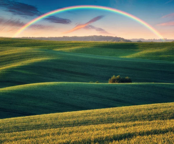 Scenic View Rainbow Green Field Dramatic Gray Sky Picturesque Hilly — Stock Photo, Image