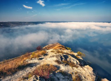 fog in the canyon. Autumn morning in the Dniester river valley. Nature of Ukraine
