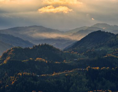 Görkemli sonbahar kırsal manzarası. Sabah sisli dağlarla kaplı manzara