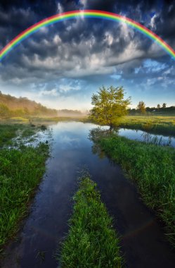 Landscape with a Rainbow on the River in Spring. colorful morning. nature of Ukraine