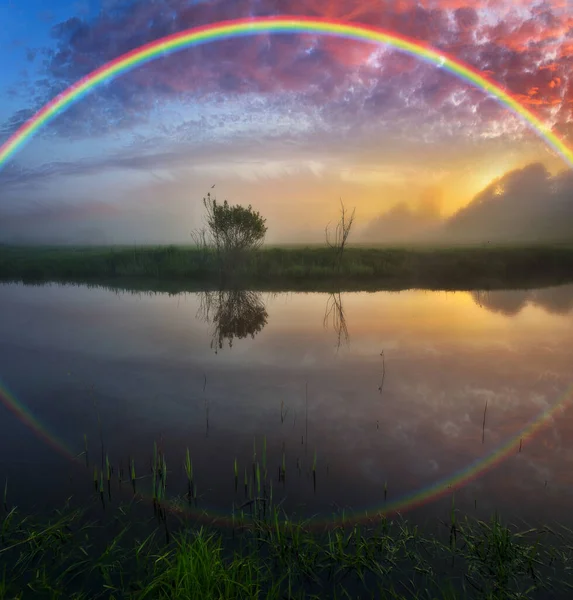 Landscape Rainbow River Spring Colorful Morning Nature Ukraine — Stockfoto