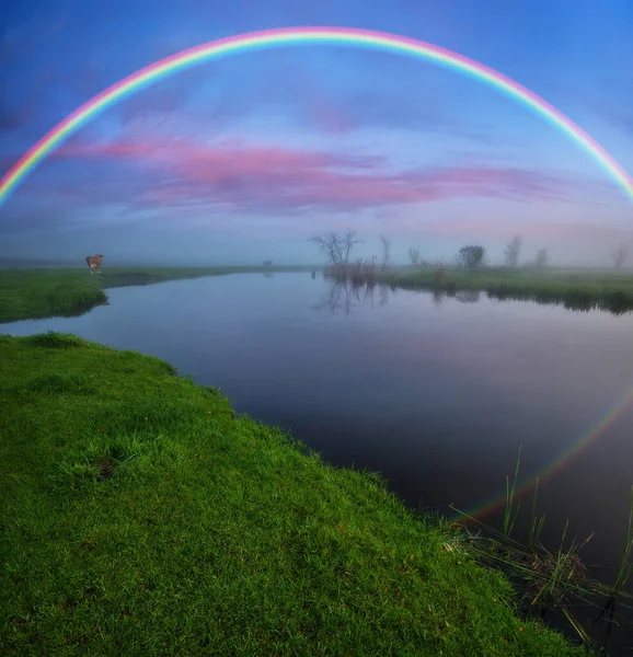 Landscape Rainbow River Spring Colorful Morning Nature Ukraine — стоковое фото