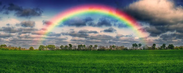 緑のフィールド上の虹の風景 丘の上の劇的な灰色の空 — ストック写真
