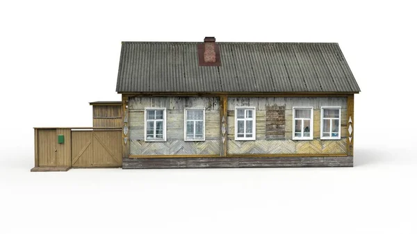 Antigua casa residencial de madera en un fondo blanco. Renderizado 3D —  Fotos de Stock