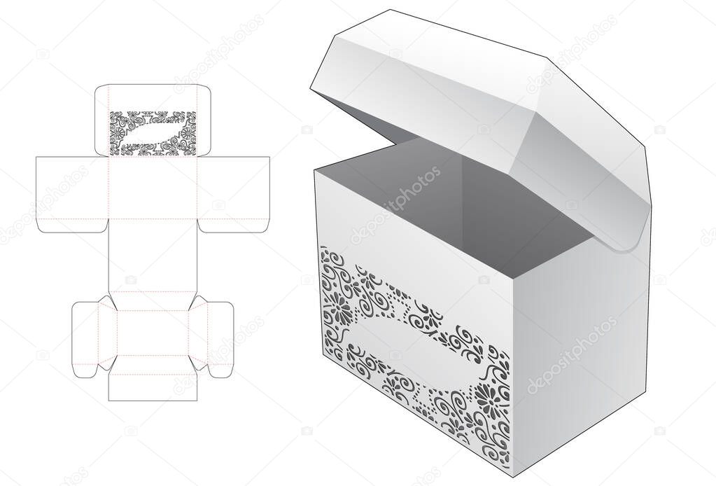Chest flip packaging box with stenciled pattern die cut template and 3D mockup