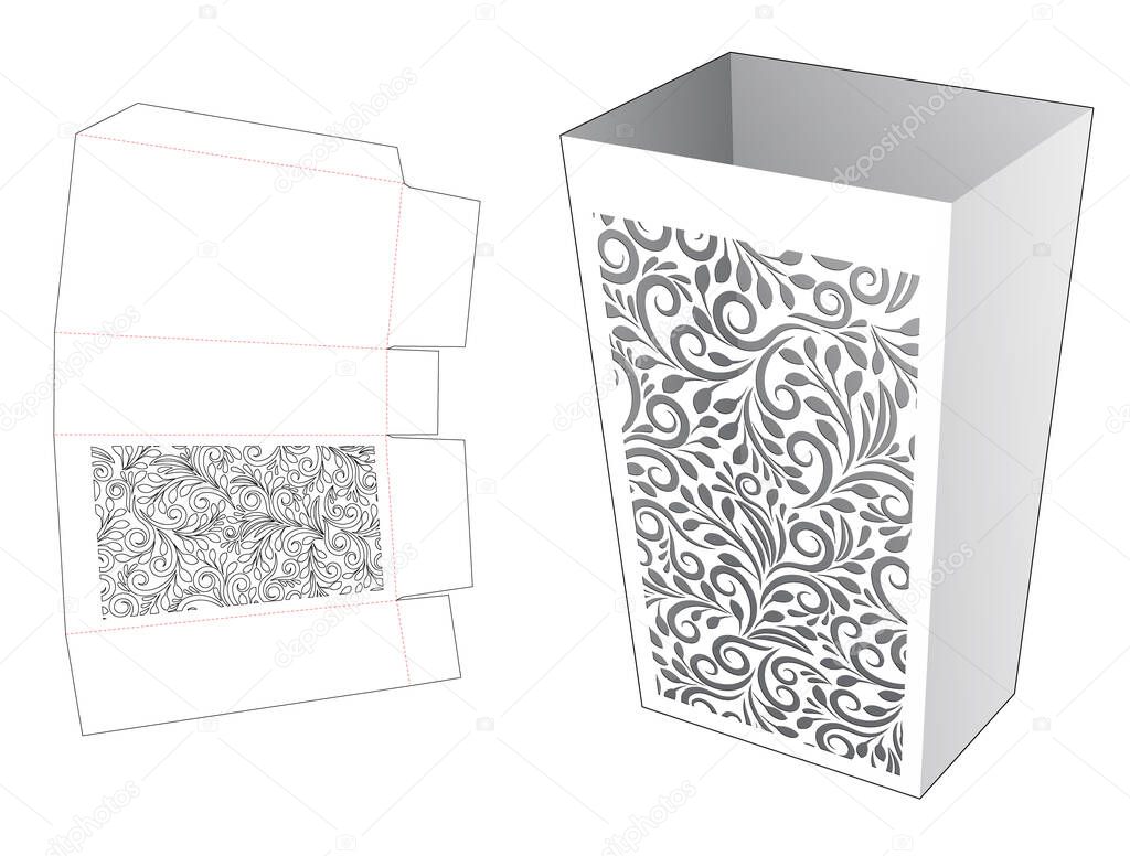 box container with stenciled floral die cut template and 3D mockup