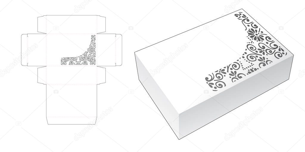 Cardboard box with stenciled floral die cut template and 3D mockup