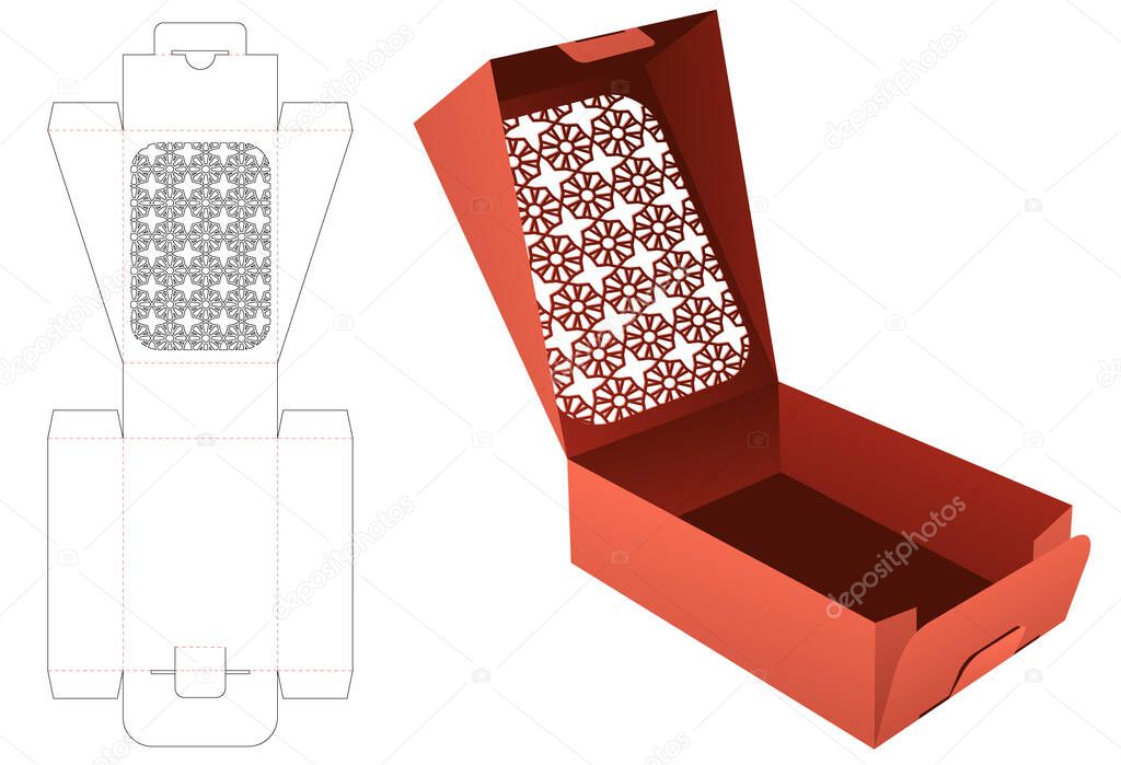 Flip box with stenciled pattern on top flip die cut template and 3D mockup