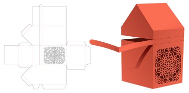 Boyalı desenli fermuarlı ev şekilli kutu die cut şablon ve 3B maketi