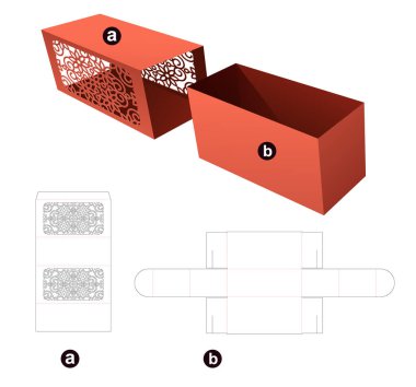Drawer box with stenciled pattern cover die cut template and 3D mockup