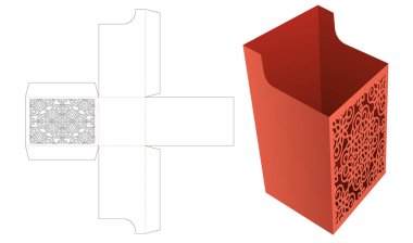 Kalıplı flora desenli karton kırtasiye kutusu kesim şablonu ve 3D maketi