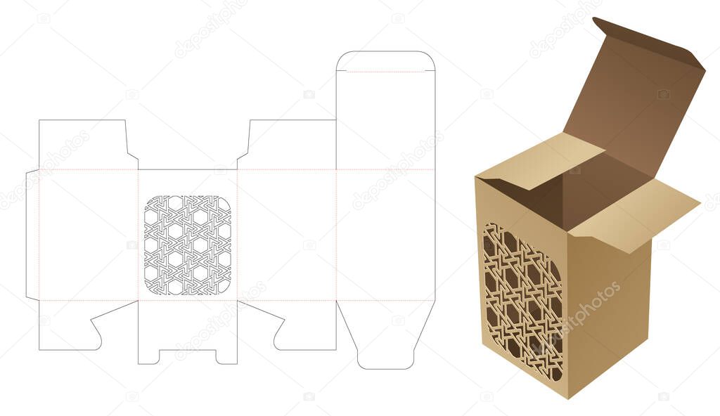 Box with stenciled pattern window die cut template and 3D mockup