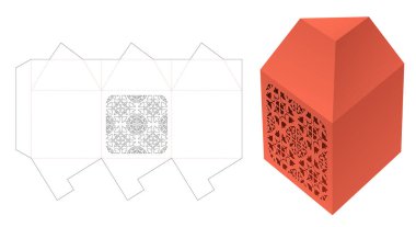 Stenciled pattern triangle shaped box die cut template and 3D mockup