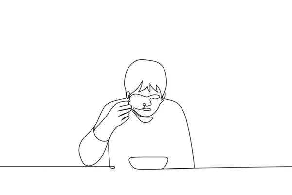Homme Assied Table Mange Soupe Bol Profond Apportant Cuillère Bouche — Image vectorielle