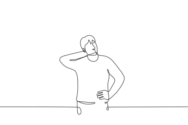 Man Stands Scratches Head One Line Drawing Vector Concept Embarrassment — Stock vektor