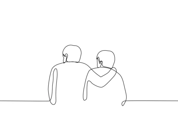 两个男人肩并肩地站在一起 一个把他的手放在另一个上 一个画线矢量 男人的拥抱 兄弟情谊 — 图库矢量图片