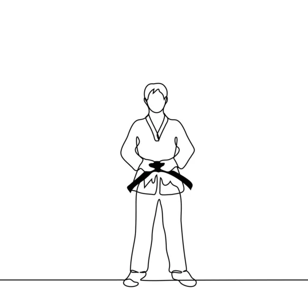 Hombre Pie Taekwondo Uniforme Celebración Cinturón Negro Una Línea Dibujo — Vector de stock