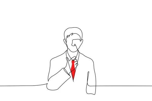 Homme Costume Affaires Tient Redresser Cravate Rouge Vecteur Dessin Ligne — Image vectorielle
