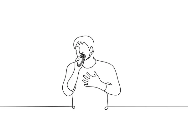 Homem Cantando Microfone Segurando Seu Peito Com Mão Vetor Desenho — Vetor de Stock