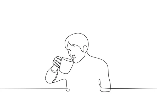 Hombre Bebiendo Una Taza Grande Una Línea Dibujo Vector Concepto — Vector de stock