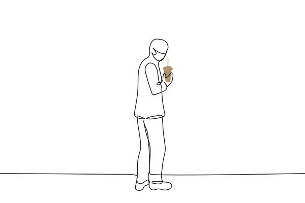 Homme Dans Masque Tient Face Spectateur Tient Une Tasse Café — Image vectorielle