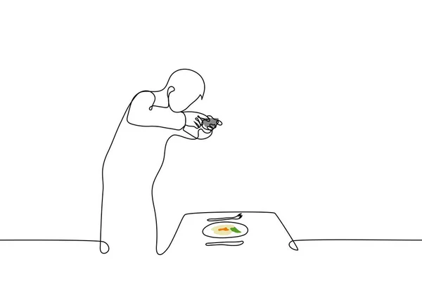 Людина Робить Фотографію Їжі Телефону Вектор Малювання Однієї Лінії Концепція — стоковий вектор