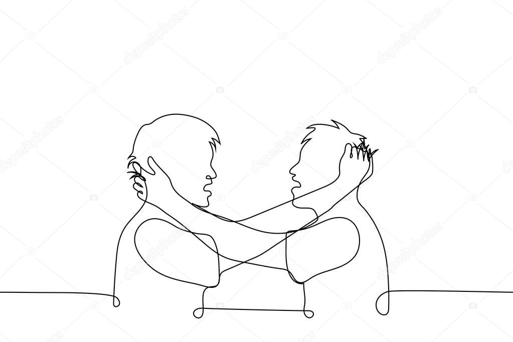 two men grabbed each other by the hair they are angry - one line drawing vector. concept of male fight, aggression