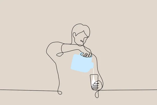 Людина Вливає Молоко Склянку Великої Квадратної Пляшки Вектор Малювання Однієї — стоковий вектор