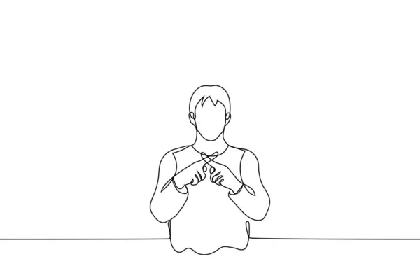 Человек Стоит Скрещенными Указательными Пальцами Вектор Рисования Одной Линии Концепция — стоковый вектор