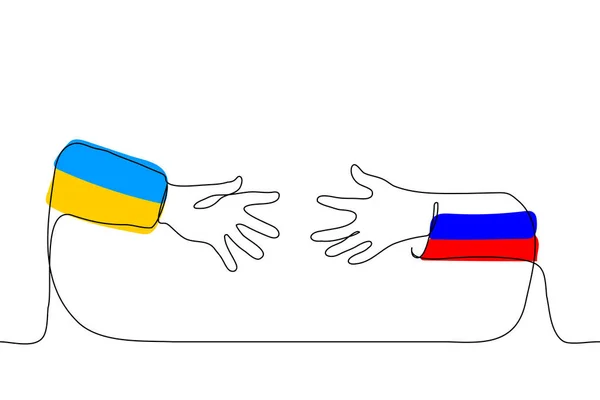 ウクライナとロシアの2人の市民の手が互いに手を差し伸べ合う 1つの線画ベクトル ロシアとウクライナの両国間の和解 家族関係の概念 — ストックベクタ